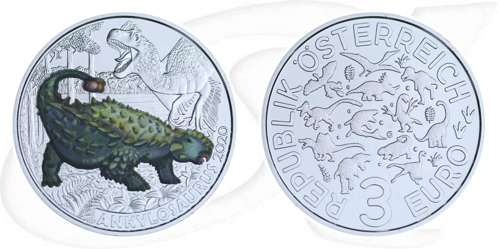 3 Euro Ankylosaurus 2020 Österreich Münze Vorderseite und Rückseite zusammen