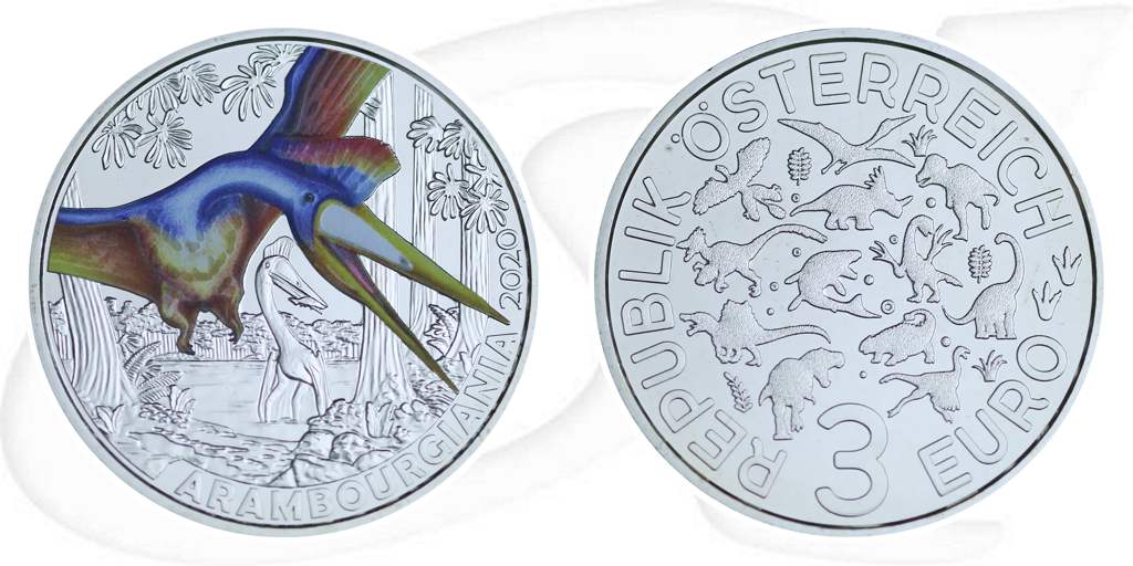 3 Euro Arambourgiania 2020 Österreich Münze Vorderseite und Rückseite zusammen