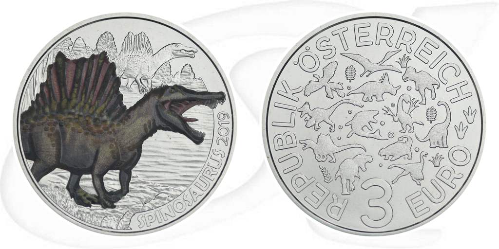 3 Euro Spinosaurus 2019 Münze Vorderseite und Rückseite zusammen