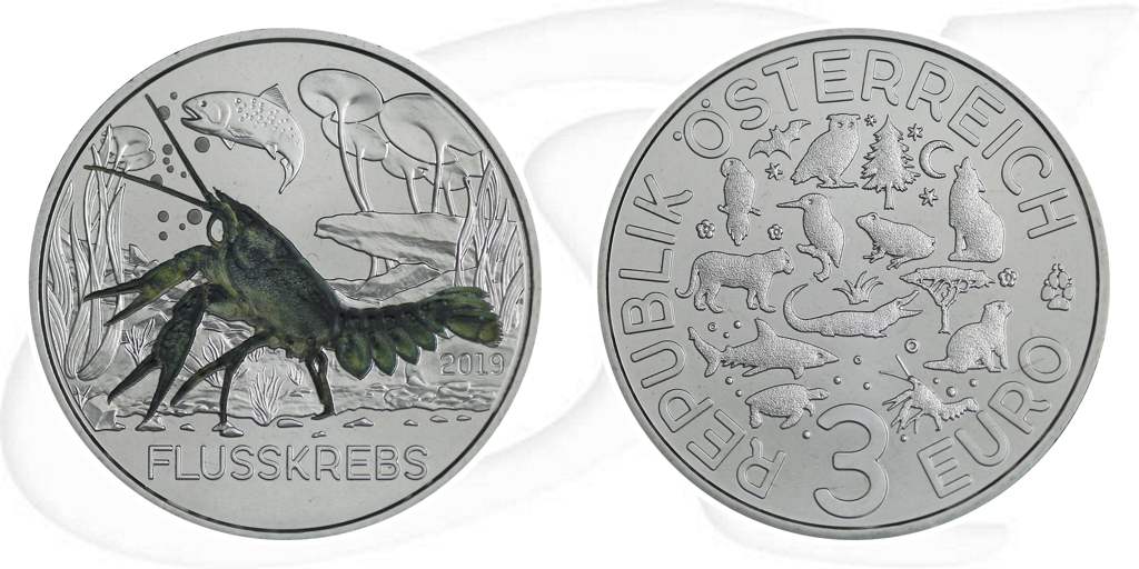 3 Euro Tiertaler Flusskrebs Münze Vorderseite und Rückseite zusammen