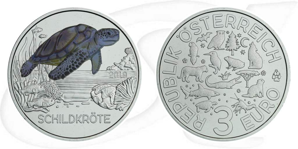 3 Euro Tiertaler Schildkröte Münze Vorderseite und Rückseite zusammen