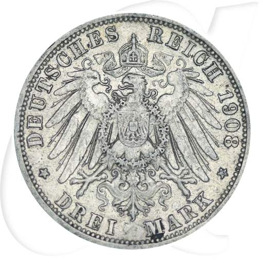 Deutschland Preussen 3 Mark 1908 ss Wilhelm II. ungereinigt