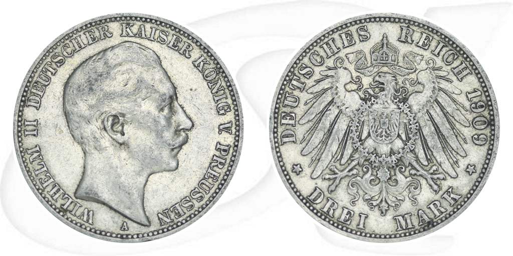 3 Mark 1909 Wilhelm Münze Vorderseite und Rückseite zusammen