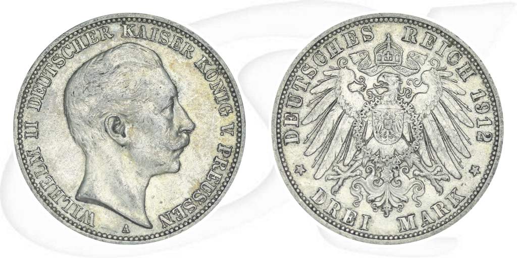 3 Mark 1912 Wilhelm Münze Vorderseite und Rückseite zusammen