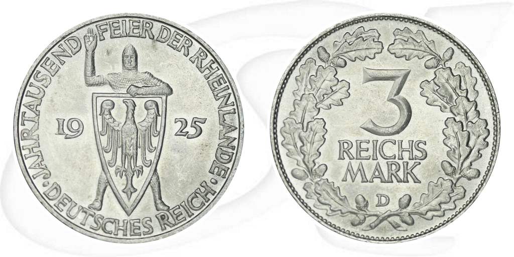 3 Reichsmark Rheinlande 1925 D Münze Vorderseite und Rückseite zusammen