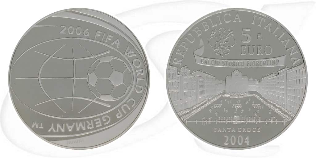 5 Euro Münze Italien 2004 Fußball WM Münze Vorderseite und Rückseite zusammen