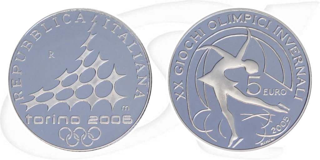 5 Euro Münze Italien 2005 Olympia Turin Eiskunstlauf Münze Vorderseite und Rückseite zusammen