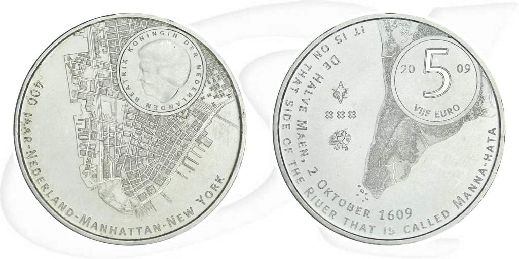 5 Euro Münze Niederlande 2009 Manhattan Münze Vorderseite und Rückseite zusammen