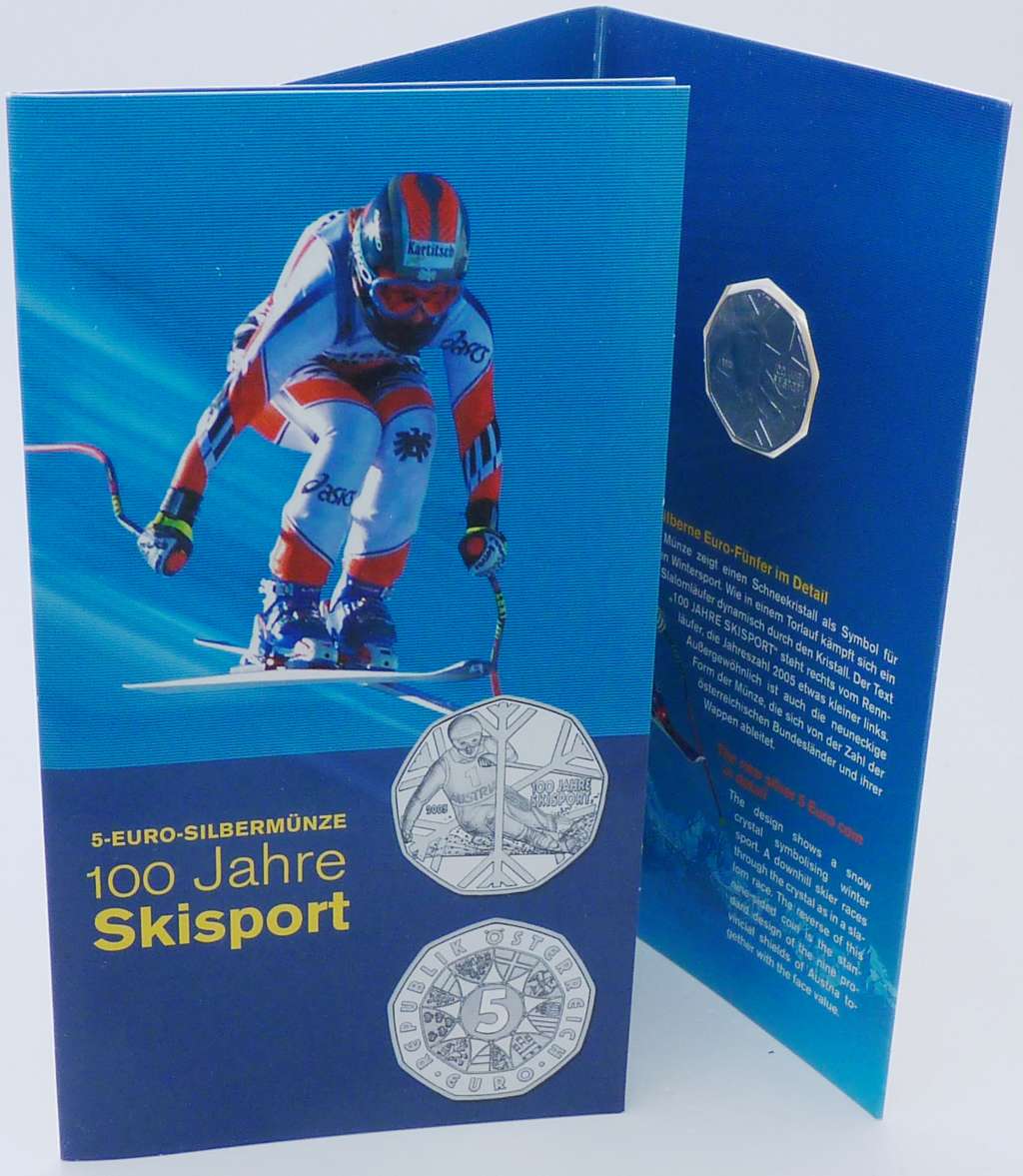 5 Euro Münze Österreich 2005 100 Jahre Skisport OVP