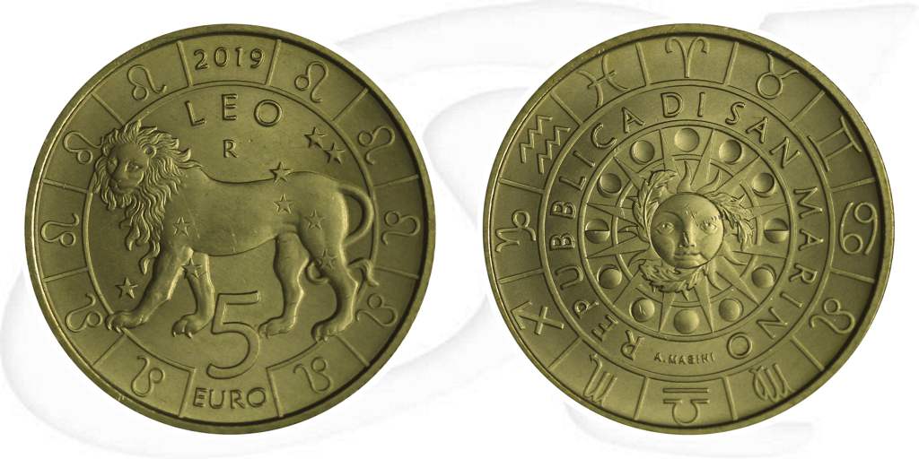 5 Euro San Marino 2019 Löwe Münze Vorderseite und Rückseite zusammen