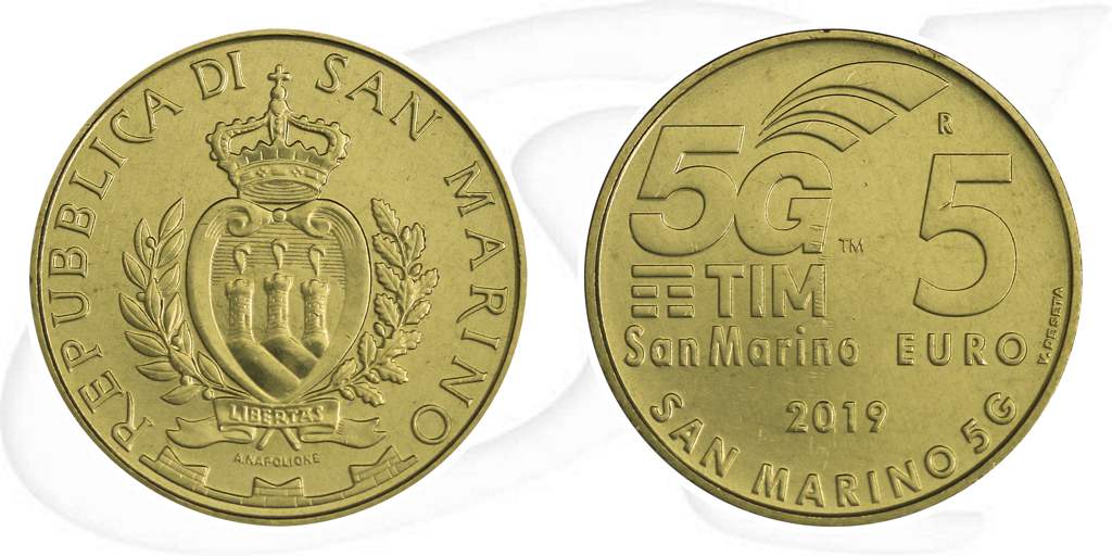 5 Euro San Marino 2019 Münze Vorderseite und Rückseite zusammen