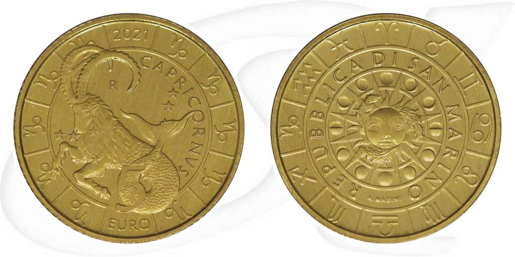 5 Euro Steinbock San Marino 2021 Münze Vorderseite und Rückseite zusammen