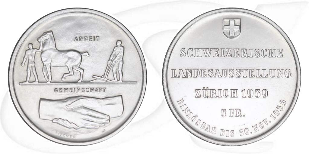 5-franken-1939-landesausstellung-zuerich Münze Vorderseite und Rückseite zusammen