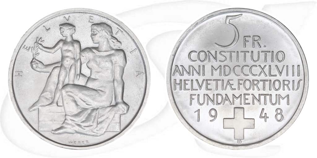 5-franken-1948-bundesverfassung Münze Vorderseite und Rückseite zusammen