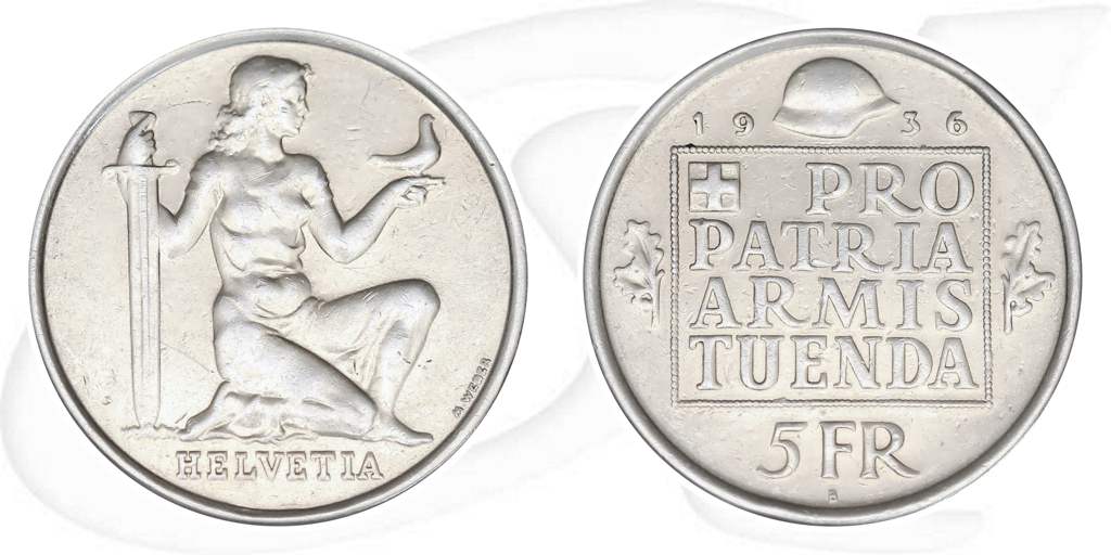 5-franken-muenze-1936-wehranleihe Münze Vorderseite und Rückseite zusammen