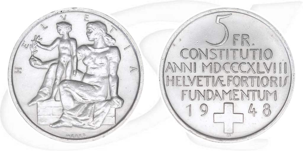 5-franken-muenze-1948-bundesverfassung Münze Vorderseite und Rückseite zusammen