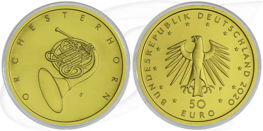 50 Euro Goldmünze 2020 Orchesterhorn Münze Vorderseite und Rückseite zusammen