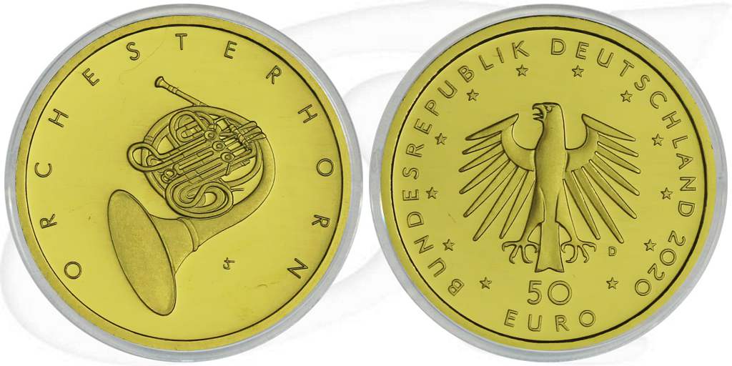50 Euro Goldmünze Orchesterhorn Münze Vorderseite und Rückseite zusammen