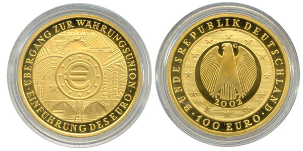 Deutschland 100 Euro 2002 G Gold Euroeinführung mit Münzkapsel Bildseite und Wertseite