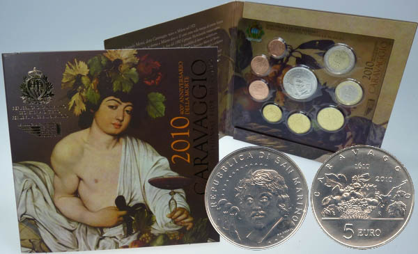 5x San Marino Kursmünzensatz st/OVP 2010 mit 5 Euro Caravaggio