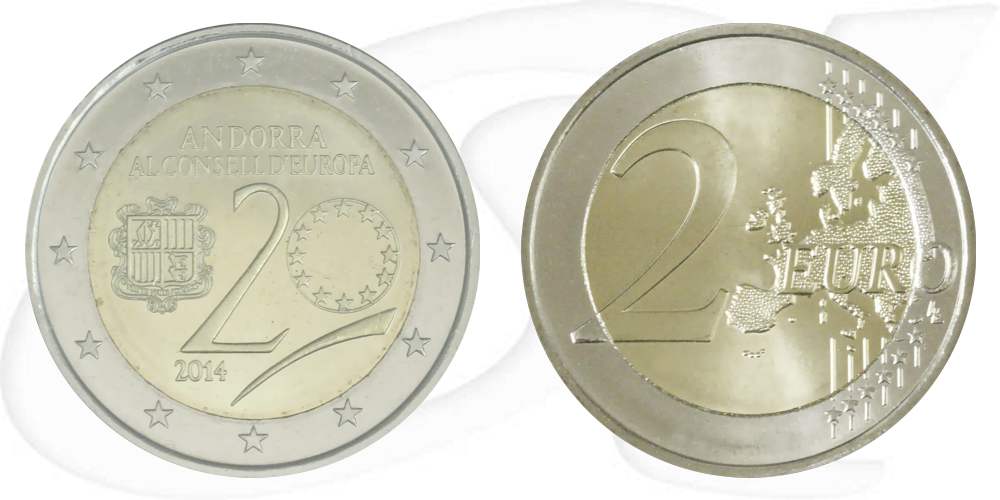2 Euro Andorra 2014 Europarat Bildseite und Wertseite zusammen