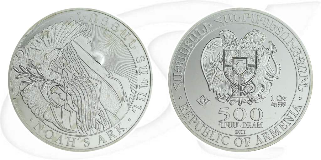 Armenien 2011 Arche Noah 500 Dram Silber Münze Vorderseite und Rückseite zusammen