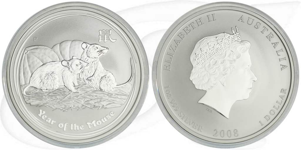 Australien 2008 Maus Lunar 1 Dollar Silber Münze Vorderseite und Rückseite zusammen