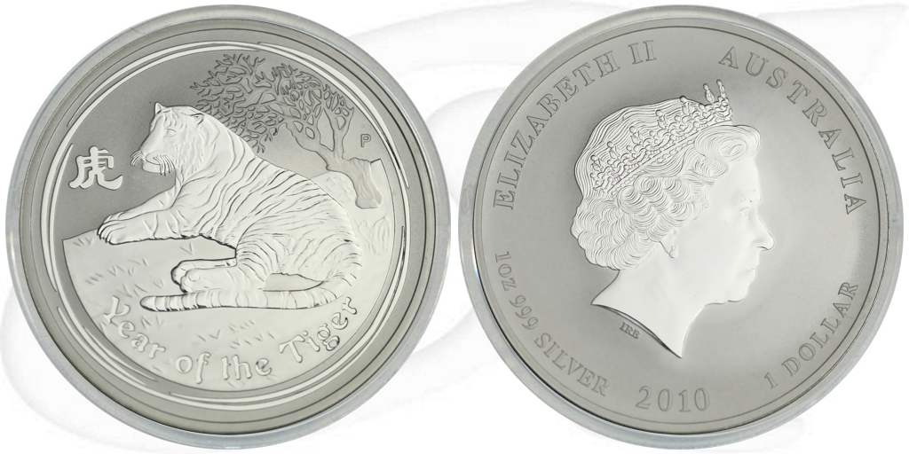 Australien 2010 Tiger Lunar 1 Dollar Silber Münze Vorderseite und Rückseite zusammen