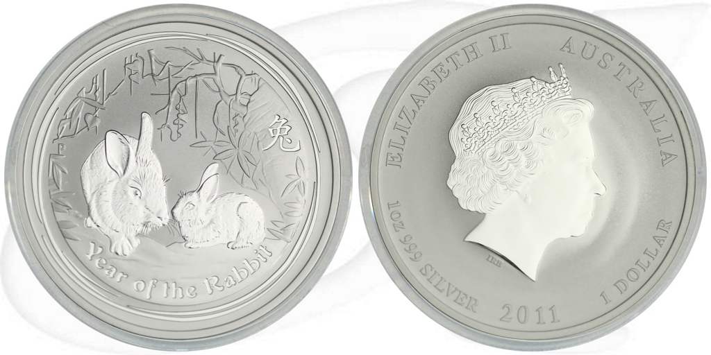 Australien 2011 Hase Lunar 1 Dollar Silber Münze Vorderseite und Rückseite zusammen