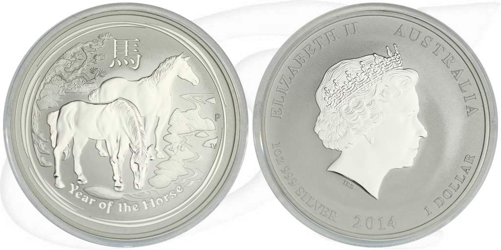 Australien 2014 Pferd Lunar 1 Dollar Silber Münze Vorderseite und Rückseite zusammen