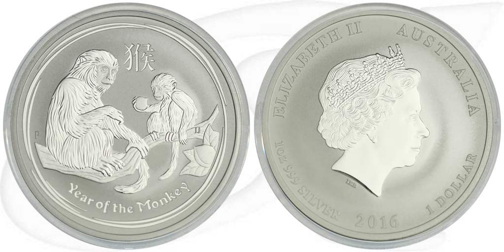 Australien 2016 Affe Lunar 1 Dollar Silber Münze Vorderseite und Rückseite zusammen