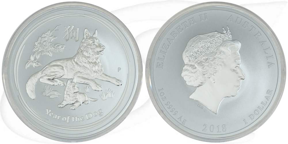 Australien 2018 Lunar Hund Silber 1 Dollar Münze Vorderseite und Rückseite zusammen