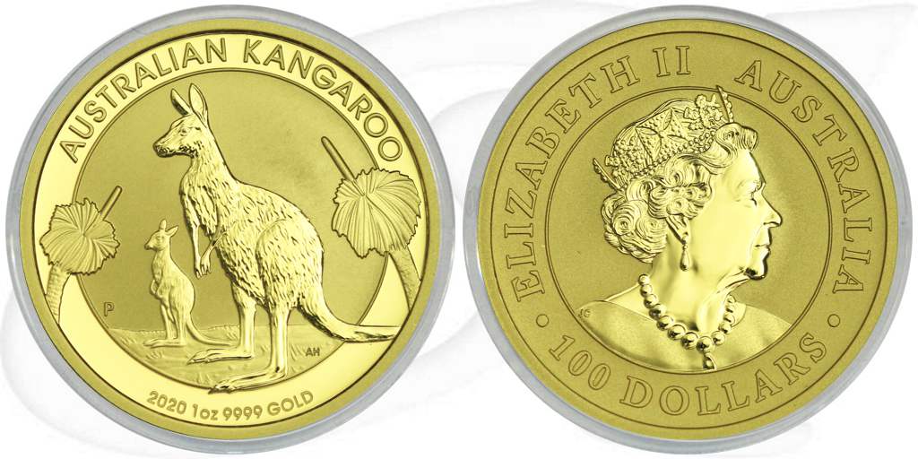 Australien Gold Känguru 2020 1 Unze 100 Dollar Münze Vorderseite und Rückseite zusammen