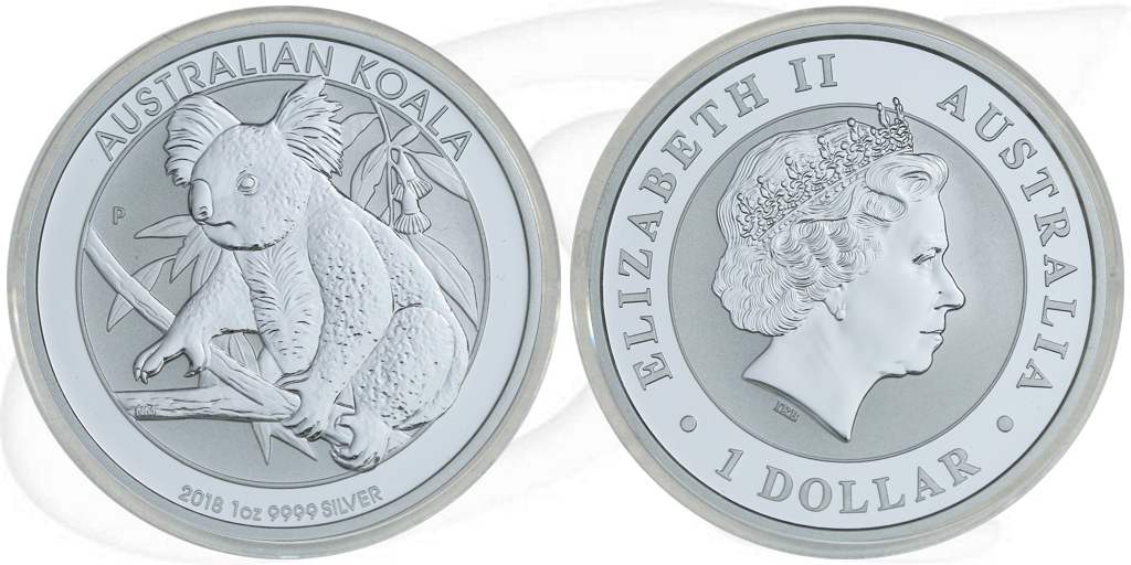 Australien Koala 2018 1 Dollar Silber Münze Vorderseite und Rückseite zusammen