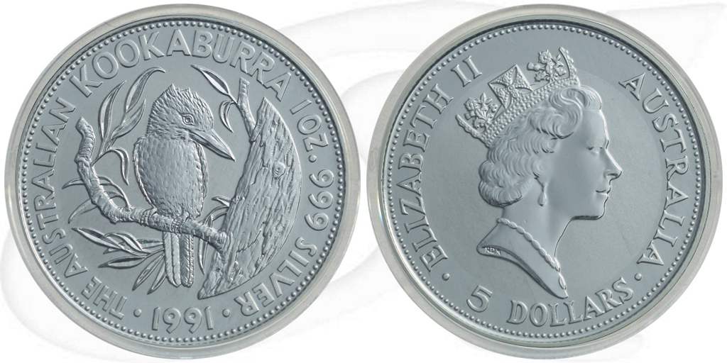 Australien Kookaburra 1991 5 Dollar Silber 1oz st Münze Vorderseite und Rückseite zusammen