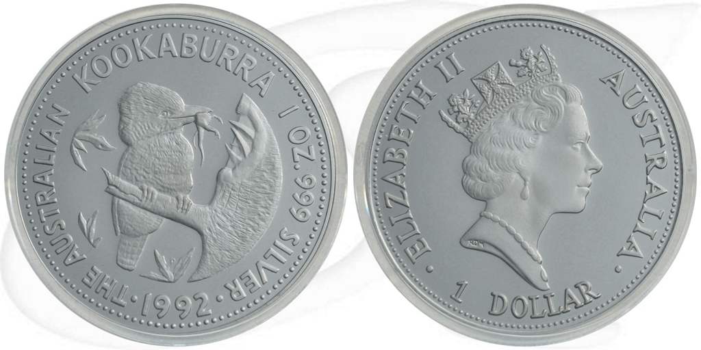 Australien Kookaburra 1992 1 Dollar Silber 1oz PP Münze Vorderseite und Rückseite zusammen