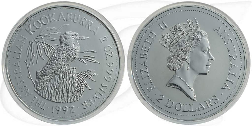 Australien Kookaburra 1992 2 Dollar Silber 2 oz st min. berieben Münze Vorderseite und Rückseite zusammen