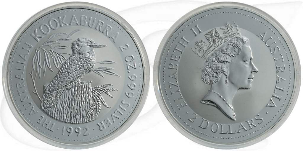 Australien Kookaburra 1992 2 Dollar Silber 2 oz st Münze Vorderseite und Rückseite zusammen