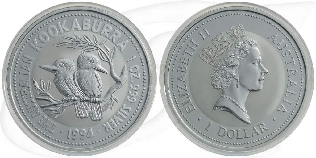 Australien Kookaburra 1994 1 Dollar Silber 1oz st Münze Vorderseite und Rückseite zusammen