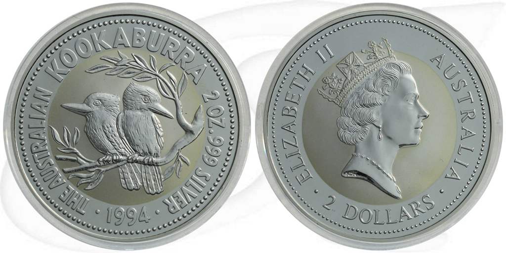 Australien 2 Dollar 1994 BU Kookaburra Silber 2 Unzen Münze Vorderseite und Rückseite zusammen