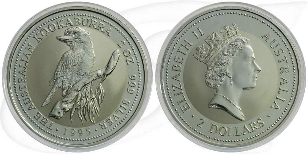 Australien 2 Dollar 1995 BU Kookaburra Silber 2 Unzen Münze Vorderseite und Rückseite zusammen