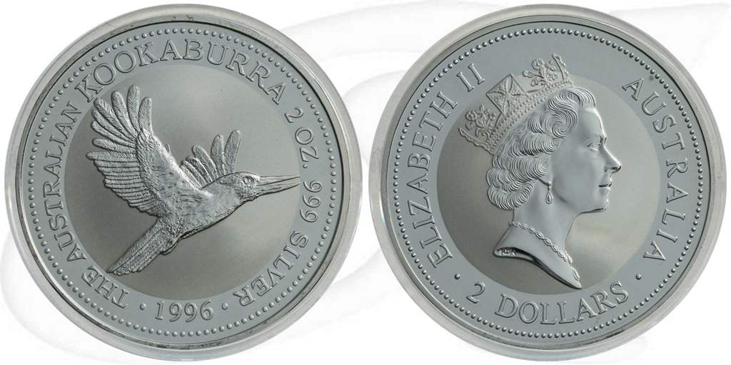 Australien 2 Dollar 1996 BU Kookaburra Silber 2 Unzen Münze Vorderseite und Rückseite zusammen