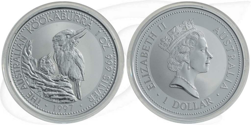 Australien Kookaburra 1997 1 Dollar Silber 1oz st Münze Vorderseite und Rückseite zusammen