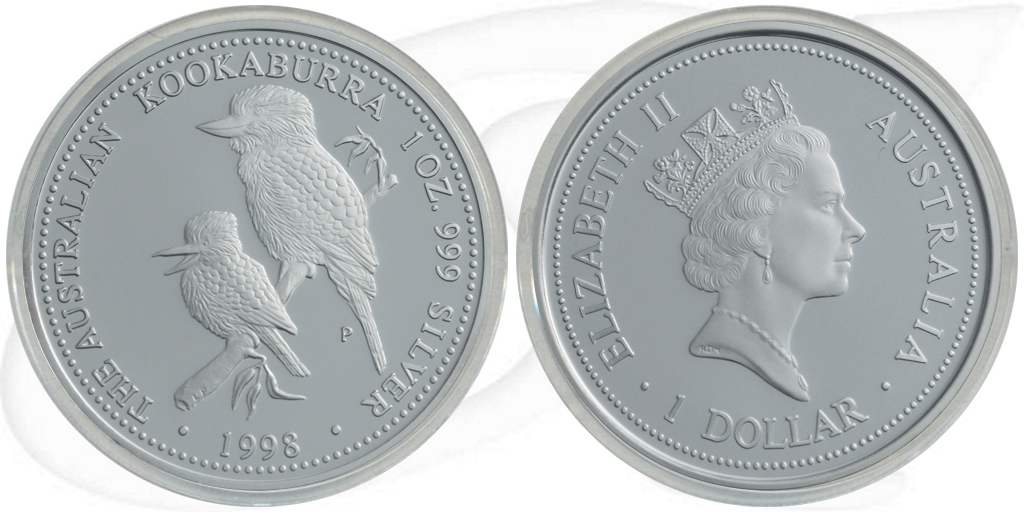 Australien Kookaburra 1998 1 Dollar Silber 1oz PP Münze Vorderseite und Rückseite zusammen