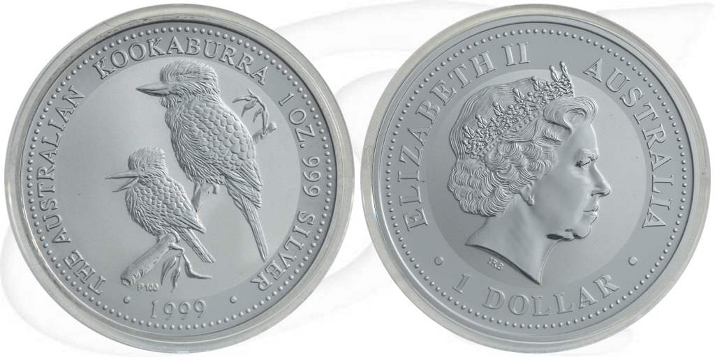 Australien Kookaburra 1999 1 Dollar Silber 1oz st Münze Vorderseite und Rückseite zusammen