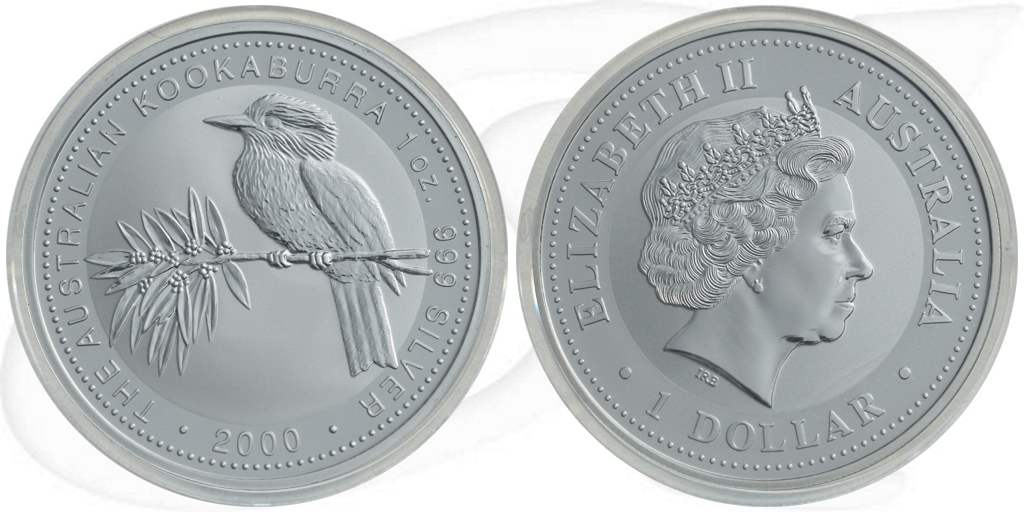 Australien Kookaburra 2000 1 Dollar Silber 1oz st Münze Vorderseite und Rückseite zusammen