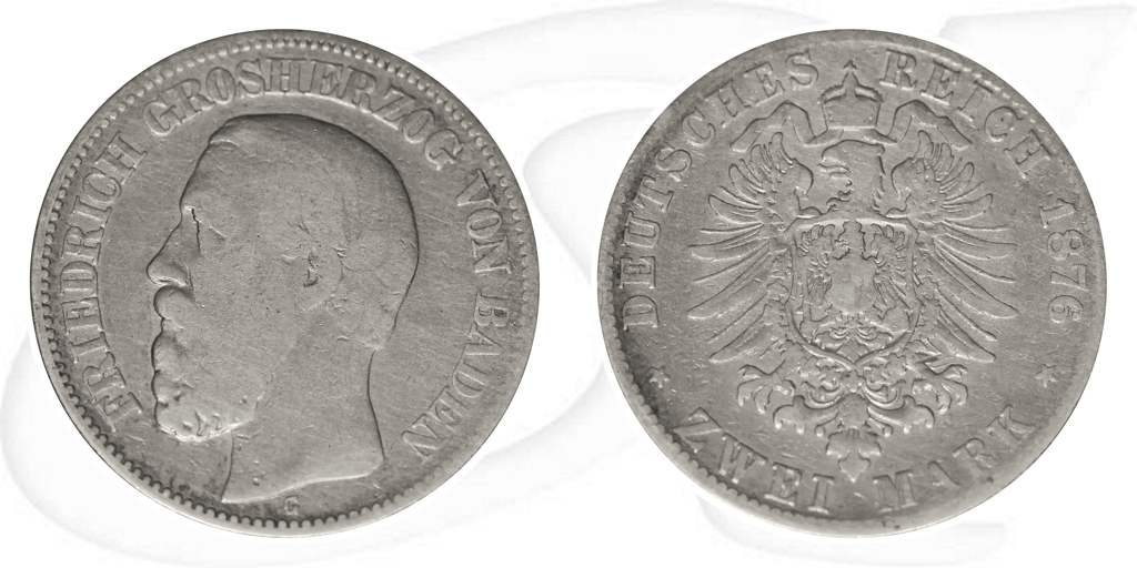 Baden 1876 2 Mark Friedrich schön Kaiserreich Deutschland Münze Vorderseite und Rückseite zusammen