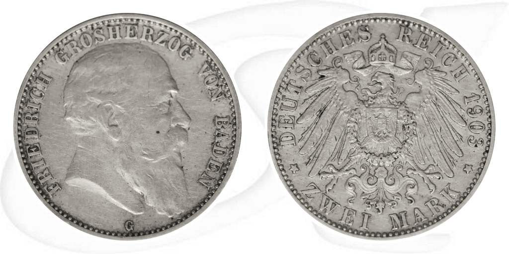 Baden 1903 2 Mark Friedrich Kaiserreich Deutschland Münze Vorderseite und Rückseite zusammen