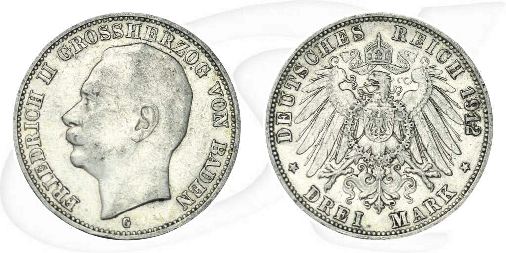 Baden 1912 3 Mark Friedrich Münze Vorderseite und Rückseite zusammen
