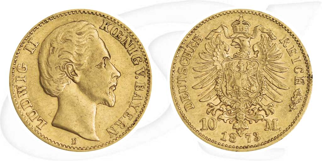 Bayern 1873 10 Mark Gold Ludwig II Deutschland Münze Vorderseite und Rückseite zusammen